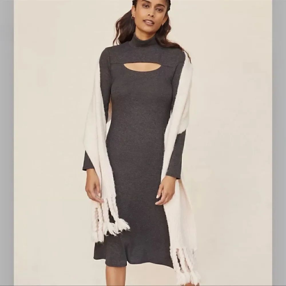 ANTHROPOLOGIE - Bordeaux Cut Out Ribbed
Turtleneck Gray Midi Dress.